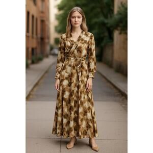 NWT Veiled Collection Printed Maxi Dress Size Large Faux Wrap Brown Long Sleeve